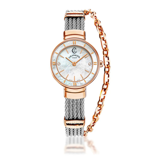 charriol ST TROPEZ® 25MM QUARTZ CALIBRE MOTHER-OF-PEARL WITH 2 DIAMONDS DIAL MOTHER-OF-PEARL BEZEL STEEL CABLE BRACELET & ROSE GOLD PVD DECORS Watch