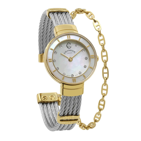 Charriol ST TROPEZ® 25MM QUARTZ CALIBRE MOTHER-OF-PEARL WITH 11 DIAMONDS DIAL YELLOW GOLD PVD BEZEL STEEL CABLE BRACELET & YELLOW GOLD PVD DECORS Watch