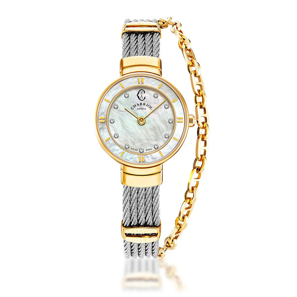 charriol ST TROPEZ® 25MM QUARTZ CALIBRE MOTHER-OF-PEARL WITH 11 DIAMONDS DIAL YELLOW GOLD PVD BEZEL STEEL CABLE BRACELET & YELLOW GOLD PVD DECORS Watch