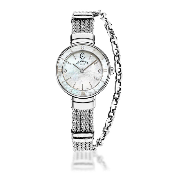 charriol ST TROPEZ® 25MM QUARTZ CALIBRE MOTHER-OF-PEARL WITH 2 DIAMONDS DIAL MOTHER-OF-PEARL BEZEL STEEL CABLE BRACELET & STEEL DECORS Watch