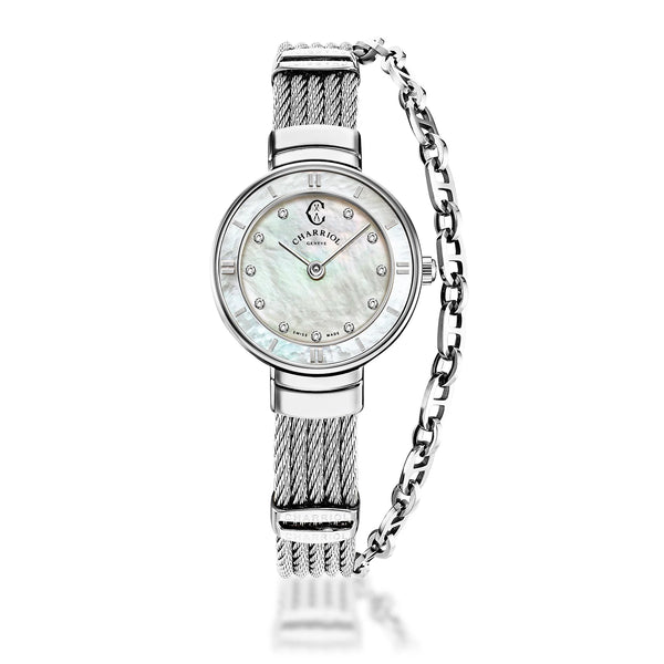 charriol ST TROPEZ® 25MM QUARTZ CALIBRE MOTHER-OF-PEARL WITH 11 DIAMONDS DIAL MOTHER-OF-PEARL BEZEL STEEL CABLE BRACELET Watch