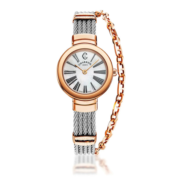 charriol ST TROPEZ® 25MM QUARTZ CALIBRE MOTHER-OF-PEARL WITH ROMAN DIAL ROSE GOLD PVD BEZEL STEEL CABLE BRACELET & ROSE GOLD PVD DECORS Watch