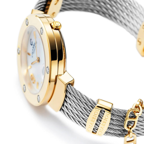 Charriol ST TROPEZ® 30MM QUARTZ CALIBRE MOTHER-OF-PEARL DIAL YELLOW GOLD PVD WITH 6 DIAMONDS BEZEL STEEL CABLE BRACELET & YELLOW GOLD PVD DECORS Watch