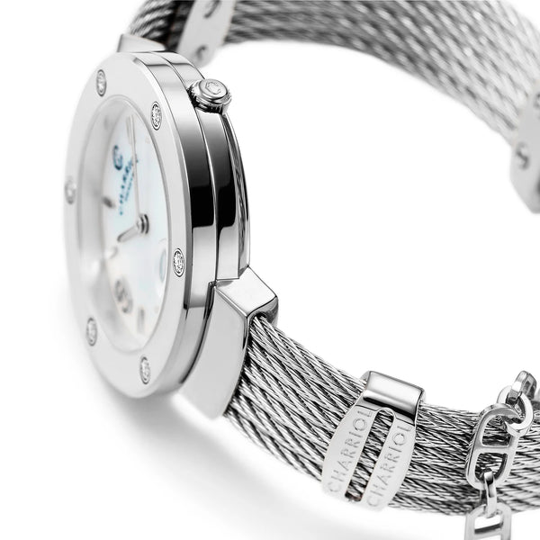 Charriol ST TROPEZ® 30MM QUARTZ CALIBRE MOTHER-OF-PEARL DIAL STEEL WITH 6 DIAMONDS BEZEL STEEL CABLE BRACELET & STEEL DECORS Watch