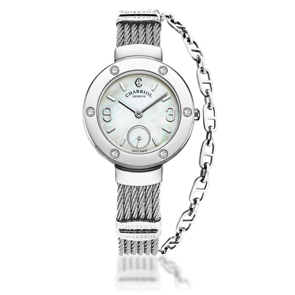 charriol ST TROPEZ® 30MM QUARTZ CALIBRE MOTHER-OF-PEARL DIAL STEEL WITH 6 DIAMONDS BEZEL STEEL CABLE BRACELET & STEEL DECORS Watch