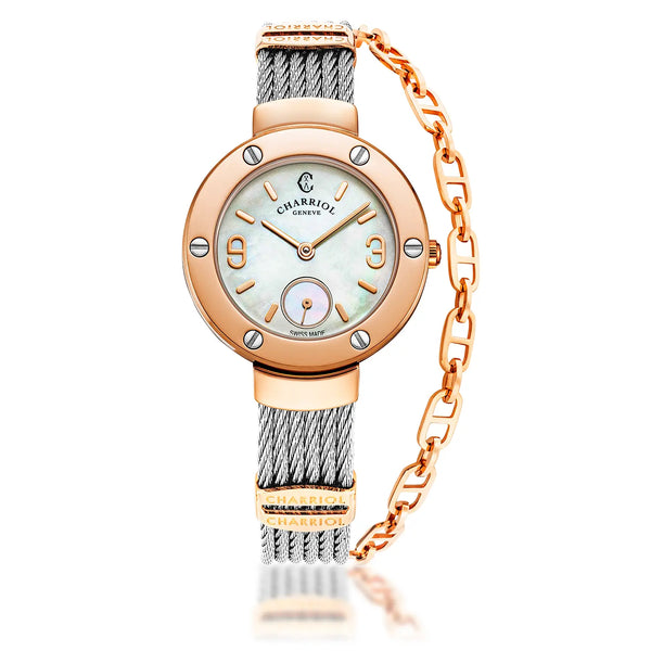 charriol ST TROPEZ® 30MM QUARTZ CALIBRE MOTHER-OF-PEARL DIAL ROSE GOLD PVD WITH 6 SCREWS BEZEL STEEL CABLE BRACELET & ROSE GOLD PVD DECORS Watch