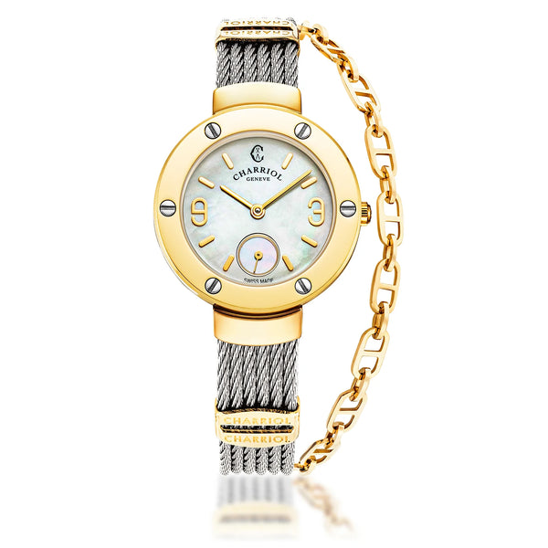 charriol ST TROPEZ® 30MM QUARTZ CALIBRE MOTHER-OF-PEARL DIAL YELLOW GOLD PVD WITH 6 SCREWS BEZEL STEEL CABLE BRACELET & YELLOW GOLD PVD DECORS Watch