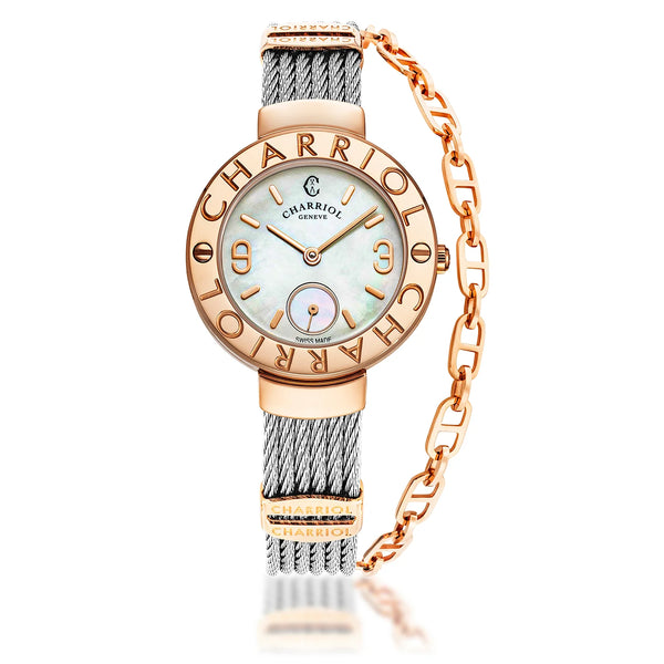 charriol ST TROPEZ® 30MM QUARTZ CALIBRE MOTHER-OF-PEARL DIAL "CHARRIOL CHARRIOL" BEZEL WITH 2 SCREWS STEEL CABLE BRACELET & ROSE GOLD PVD DECORS Watch