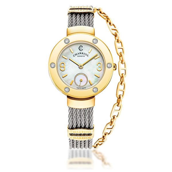 charriol ST TROPEZ® 30MM QUARTZ CALIBRE MOTHER-OF-PEARL DIAL YELLOW GOLD PVD WITH 6 DIAMONDS BEZEL STEEL CABLE BRACELET & YELLOW GOLD PVD DECORS Watch