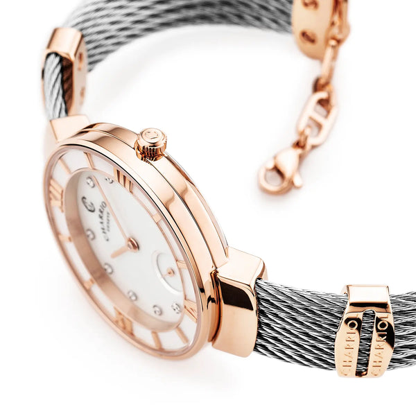 Charriol ST TROPEZ® 30MM QUARTZ CALIBRE MOTHER-OF-PEARL WITH 10 DIAMONDS DIAL MOTHER-OF-PEARL BEZEL STEEL CABLE BRACELET & ROSE GOLD PVD DECORS Watch