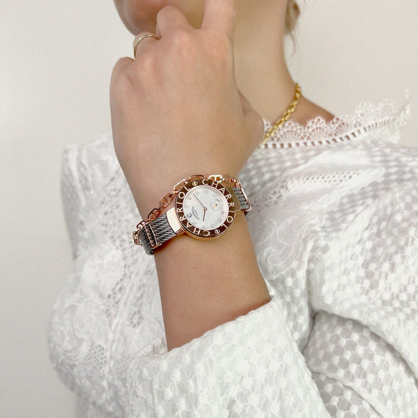 Charriol ST TROPEZ® 30MM QUARTZ CALIBRE MOTHER-OF-PEARL WITH 10 DIAMONDS DIAL "CHARRIOL CHARRIOL" BEZEL STEEL CABLE BRACELET & ROSE GOLD PVD DECORS Watch