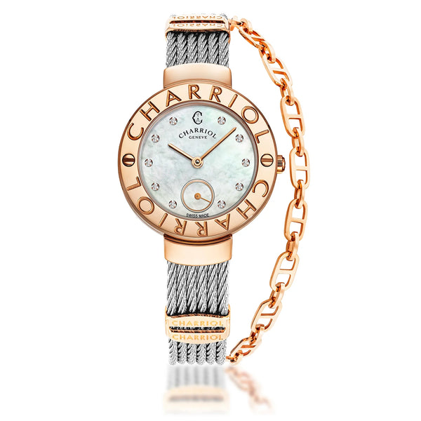 charriol ST TROPEZ® 30MM QUARTZ CALIBRE MOTHER-OF-PEARL WITH 10 DIAMONDS DIAL "CHARRIOL CHARRIOL" BEZEL STEEL CABLE BRACELET & ROSE GOLD PVD DECORS Watch