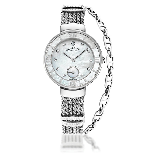 charriol ST TROPEZ® 30MM QUARTZ CALIBRE MOTHER-OF-PEARL WITH 10 DIAMONDS MOTHER-OF-PEARL BEZEL STEEL CABLE BRACELET & STEEL DECORS Watch
