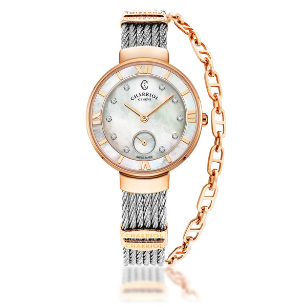 charriol ST TROPEZ® 30MM QUARTZ CALIBRE MOTHER-OF-PEARL WITH 10 DIAMONDS DIAL MOTHER-OF-PEARL BEZEL STEEL CABLE BRACELET & ROSE GOLD PVD DECORS Watch