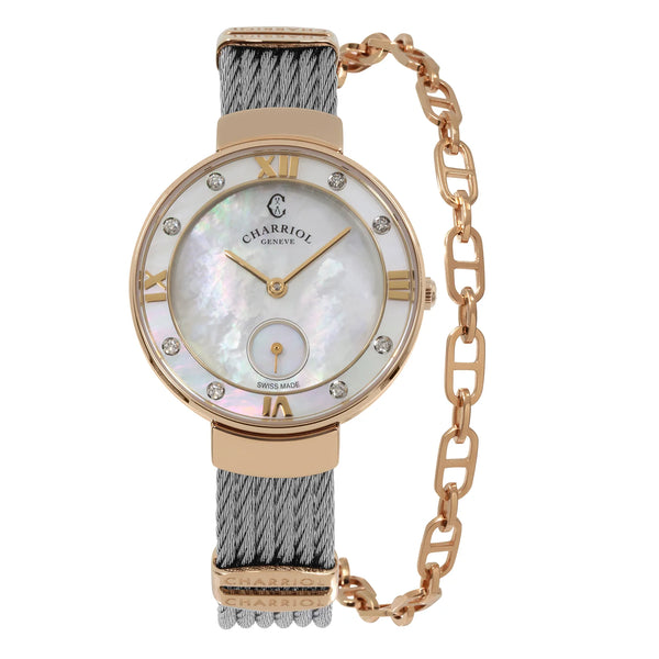 charriol ST TROPEZ® 30MM QUARTZ CALIBRE WHITE MOTHER-OF-PEARL DIAL WHITE MOTHER-OF-PEARL WITH 8 DIAMONDS BEZEL STEEL CABLE BRACELET & ROSE GOLD PVD DECORS Watch