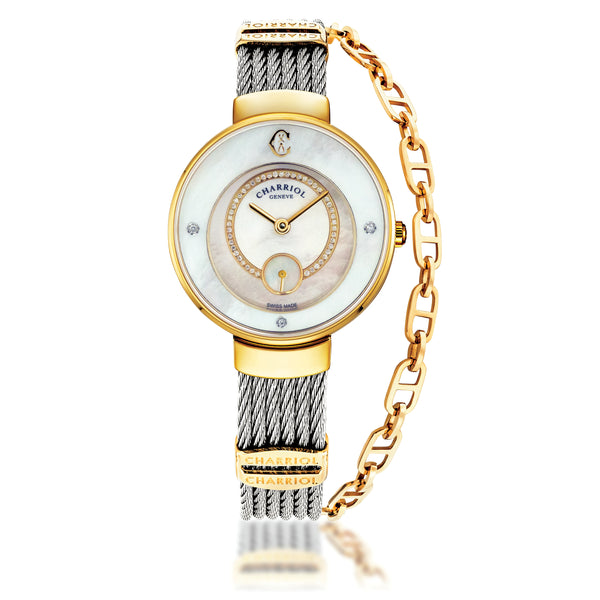 charriol ST-TROPEZ® ECLIPSE 30MM STEEL YELLOW GOLD PVD BEZEL WHITE MOTHER-OF-PEARL WITH 47 DIAMONDS DIAL STEEL CABLE WITH YELLOW GOLD PVD DECORS BRACELET Watch