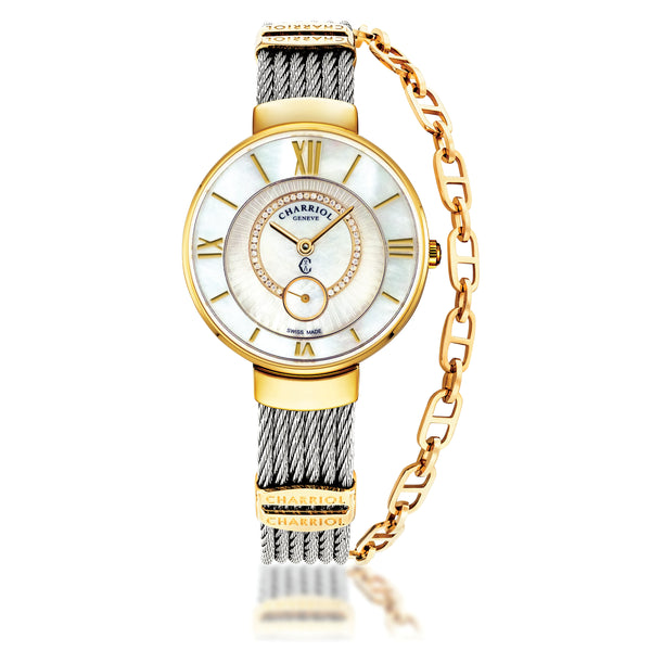 charriol ST-TROPEZ® ECLIPSE 30MM STEEL YELLOW GOLD PVD BEZEL WHITE MOTHER-OF-PEARL WITH 41 DIAMONDS & ROMAN NUMERAL DIAL STEEL CABLE WITH YELLOW GOLD PVD DECORS BRACELET Watch