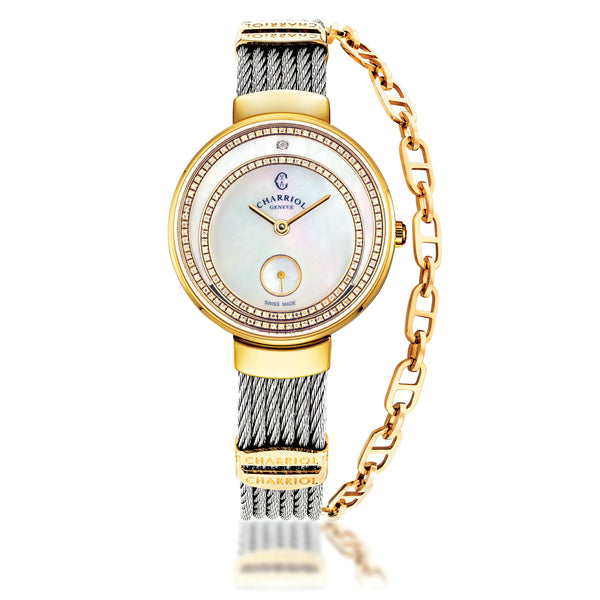 charriol ST-TROPEZ® ECLIPSE 30MM STEEL YELLOW GOLD PVD BEZEL WHITE MOTHER-OF-PEARL WITH 140 DIAMONDS DIAL STEEL CABLE WITH YELLOW GOLD PVD DECORS BRACELET Watch