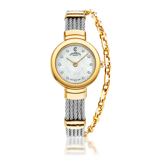 charriol ST-TROPEZ® GUILLOCHE 25MM STEEL YELLOW GOLD PVD BEZEL WHITE GUILLOCHE MOTHER-OF-PEARL WITH 10 DIAMONDS DIAL STEEL CABLE WITH YELLOW GOLD PVD DECORS BRACELET Watch