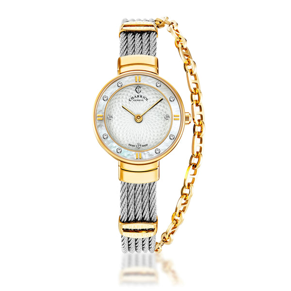 charriol ST-TROPEZ® GUILLOCHE 25MM WHITE MOTHER-OF-PEARL WITH ROMAN NUMERAL & 8 DIAMONDS BEZEL WHITE GUILLOCHE MOTHER-OF-PEARL WITH 10 DIAMONDS DIAL STEEL CABLE WITH YELLOW GOLD PVD DECORS BRACELET Watch