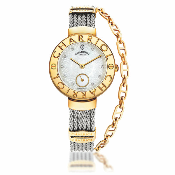charriol ST-TROPEZ® GUILLOCHE 30MM STEEL YELLOW GOLD PVD BEZEL WHITE GUILLOCHE MOTHER-OF-PEARL WITH 10 DIAMONDS DIAL STEEL CABLE WITH YELLOW GOLD PVD DECORS BRACELET Watch
