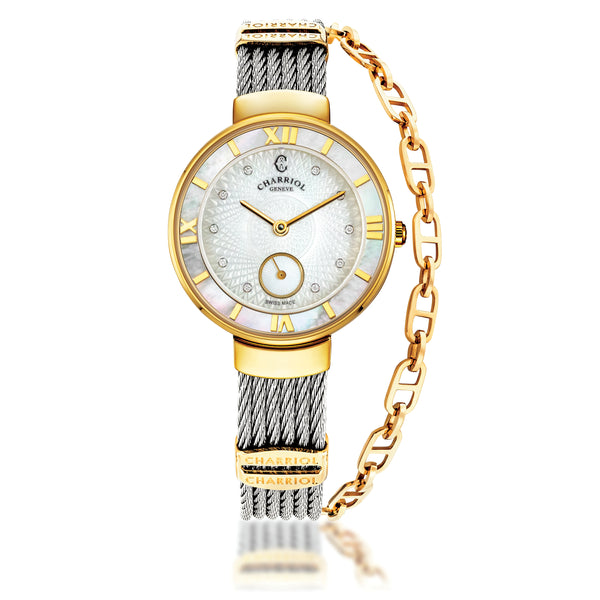 charriol ST-TROPEZ® GUILLOCHE 30MM WHITE MOTHER-OF-PEARL WITH ROMAN NUMERAL BEZEL WHITE GUILLOCHE MOTHER-OF-PEARL WITH 10 DIAMONDS DIAL STEEL CABLE WITH YELLOW GOLD PVD DECORS BRACELET Watch