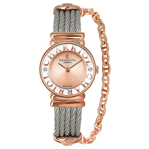 charriol ST TROPEZ® ICON 24.5MM QUARTZ CALIBRE PINK SALMON DIAL WHITE MOTHER-OF-PEARL "CHARRIOL CHARRIOL" WITH 2 DIAMONDS BEZEL STEEL CABLE BRACELET Watch