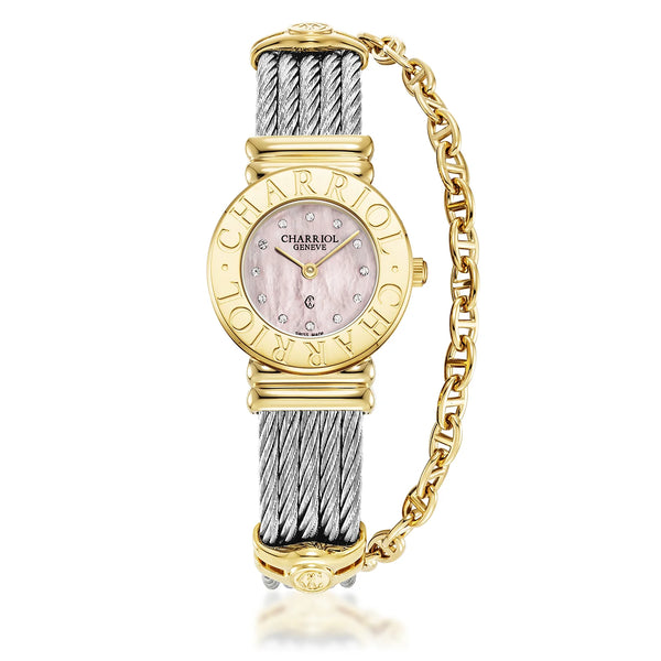 charriol ST TROPEZ® ICON 24.5MM QUARTZ CALIBRE ROSE MOTHER-OF-PEARL WITH 12 DIAMONDS DIAL STEEL YELLOW GOLD PVD "CHARRIOL CHARRIOL" BEZEL STEEL CABLE BRACELET & YELLOW GOLD PVD DECORS Watch