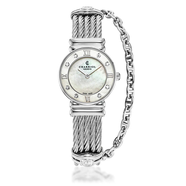 charriol ST TROPEZ® ICON 24.5MM QUARTZ CALIBRE WHITE MOTHER-OF-PEARL DIAL WHITE MOTHER-OF-PEARL WITH 8 DIAMONDS BEZEL STEEL CABLE BRACELET & STEEL DECORS Watch