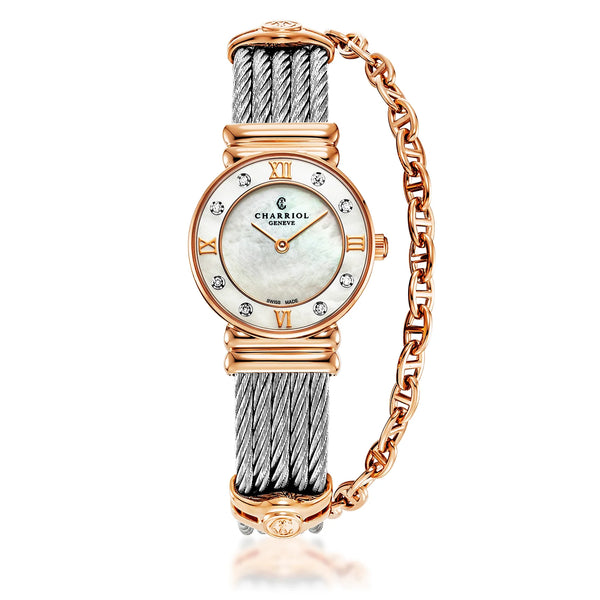 charriol ST TROPEZ® ICON 24.5MM QUARTZ CALIBRE WHITE MOTHER-OF-PEARL DIAL WHITE MOTHER-OF-PEARL WITH 8 DIAMONDS BEZEL STEEL CABLE BRACELET & ROSE GOLD PVD DECORS Watch