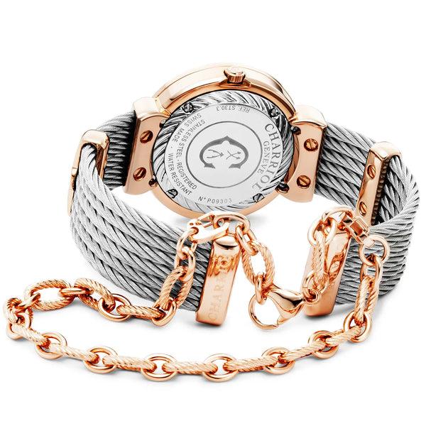 Charriol ST TROPEZ® ICON 30MM QUARTZ CALIBRE MOTHER-OF-PEARL SUNBURST DIAL MOTHER-OF-PEARL WITH 8 DIAMONDS BEZEL STEEL CABLE BRACELET & ROSE GOLD PVD DECORS Watch
