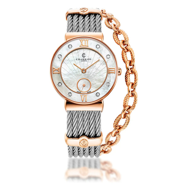 charriol ST TROPEZ® ICON 30MM QUARTZ CALIBRE MOTHER-OF-PEARL SUNBURST DIAL MOTHER-OF-PEARL WITH 8 DIAMONDS BEZEL STEEL CABLE BRACELET & ROSE GOLD PVD DECORS Watch