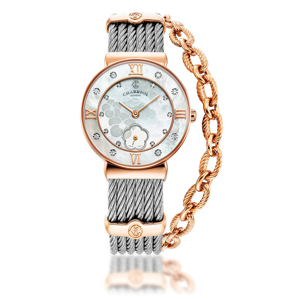 charriol ST TROPEZ® ICON 30MM QUARTZ CALIBRE MOTHER-OF-PEARL HIBISCUS DIAL MOTHER-OF-PEARL WITH 8 DIAMONDS BEZEL STEEL CABLE BRACELET & ROSE GOLD PVD DECORS Watch