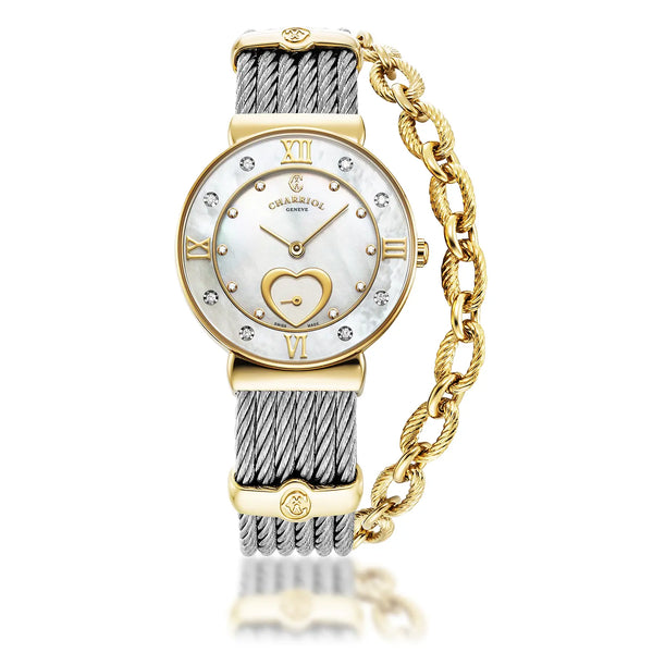 charriol ST TROPEZ® ICON 30MM QUARTZ CALIBRE WHITE MOTHER-OF-PEARL HEART DIAL MOTHER-OF-PEARL WITH 8 DIAMONDS BEZEL STEEL CABLE BRACELET & YELLOW GOLD PVD DECORS Watch