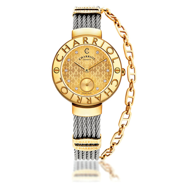 charriol ST-TROPEZ® MONOGRAM 30MM STEEL YELLOW GOLD PVD BEZEL CHAMPAGNE MONOGRAM WITH 10 DIAMONDS DIAL STEEL CABLE WITH YELLOW GOLD PVD DECORS BRACELET Watch