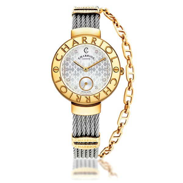 charriol ST-TROPEZ® MONOGRAM 30MM STEEL YELLOW GOLD PVD BEZEL WHITE MONOGRAM WITH 10 DIAMONDS DIAL STEEL CABLE WITH YELLOW GOLD PVD DECORS BRACELET Watch