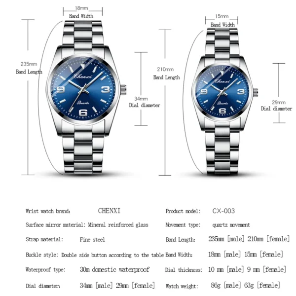 Chenxi CHENXI 003 Elegant Couple Quartz Watch With Blue Dial