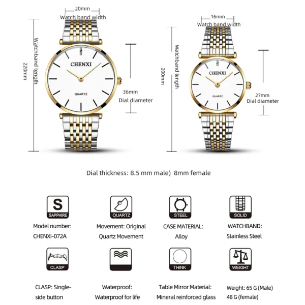 Chenxi CHENXI 072 Minimalist Quartz Couple Watch Elegant Dual Design