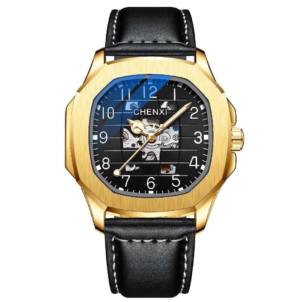 chenxi CHENXI 8813 Mechanical Skeleton Watch Dual-Layer Leather Strap & Luminous Display