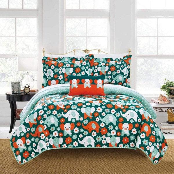 chic home Elephant Marsh 4 Piece Cute Elephant Quilt Set
