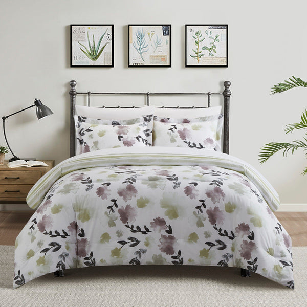 chic home Everly Green 3 Piece Reversible Watercolor Floral Print Duvet Cover Set