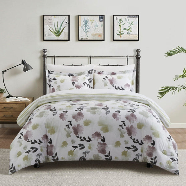 chic home Everly Green 7 Piece Reversible Watercolor Floral Print Duvet Cover Set