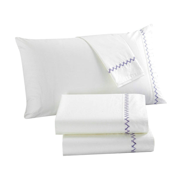 chic home Grand Palace 4 Piece 100% Cotton Sheet Set Lavender Hex Embroidered Ivory White