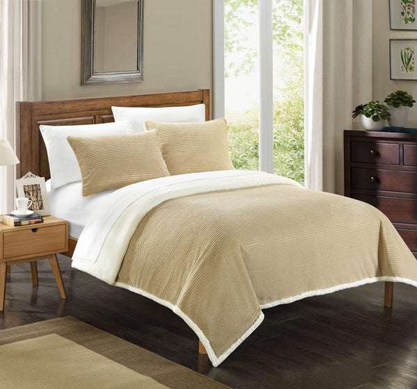 Chic Home Lancy Blanket 3 Piece Set Ultra Plush Micro Mink Sherpa Lined Textured Bedding Taupe