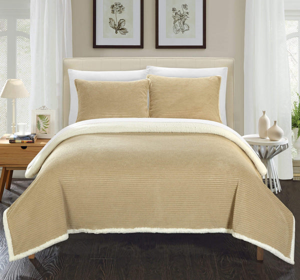 chic home Lancy Blanket 3 Piece Set Ultra Plush Micro Mink Sherpa Lined Textured Bedding Taupe