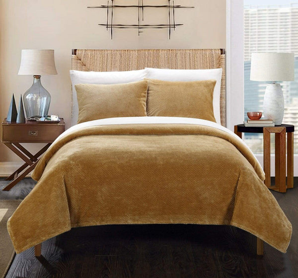 chic home Luxembourg 3 Piece Blanket Set Ultra Plush Micro Mink Waffle Textured Bedding Camel