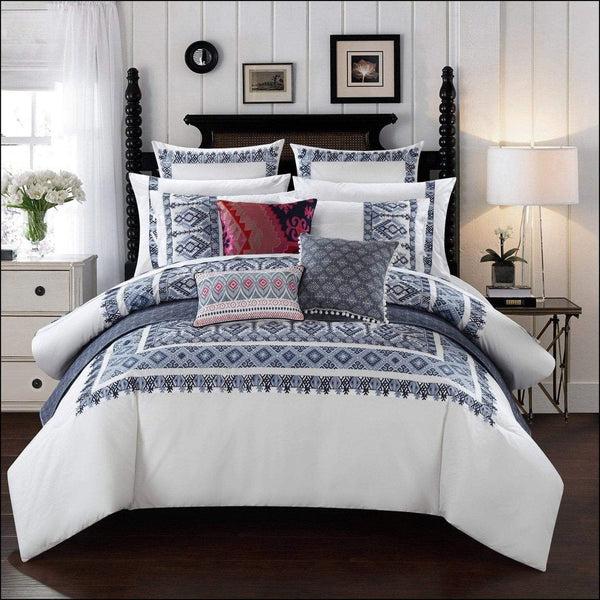 Chic Home Sarita Garden 3 Piece 100% Cotton Comforter Set Ikat Aztec Inspired Pattern Print Navy