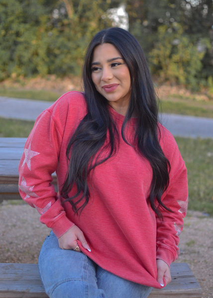 Chicka D Burnout Crew Sweatshirt With Rhinestone Sleeves In Cardinal S