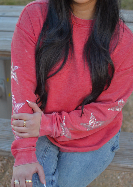 Chicka D Burnout Crew Sweatshirt With Rhinestone Sleeves In Cardinal S
