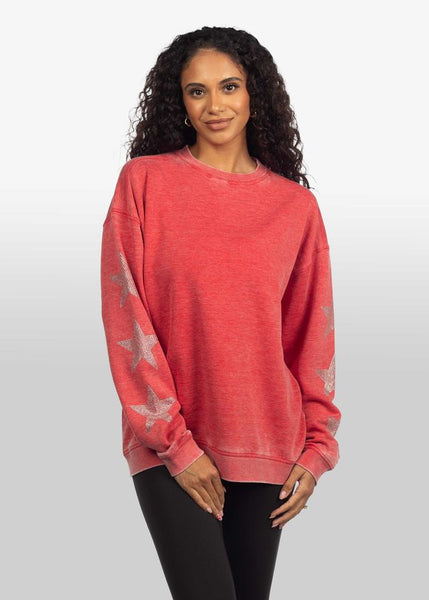 Chicka D Burnout Crew Sweatshirt With Rhinestone Sleeves In Cardinal S